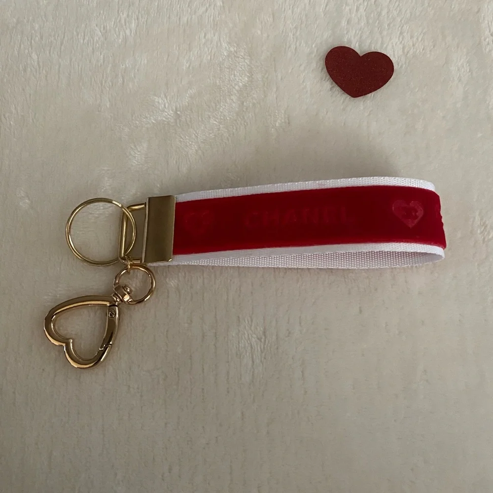 CHANEL Ribbon Red Heart Keychain